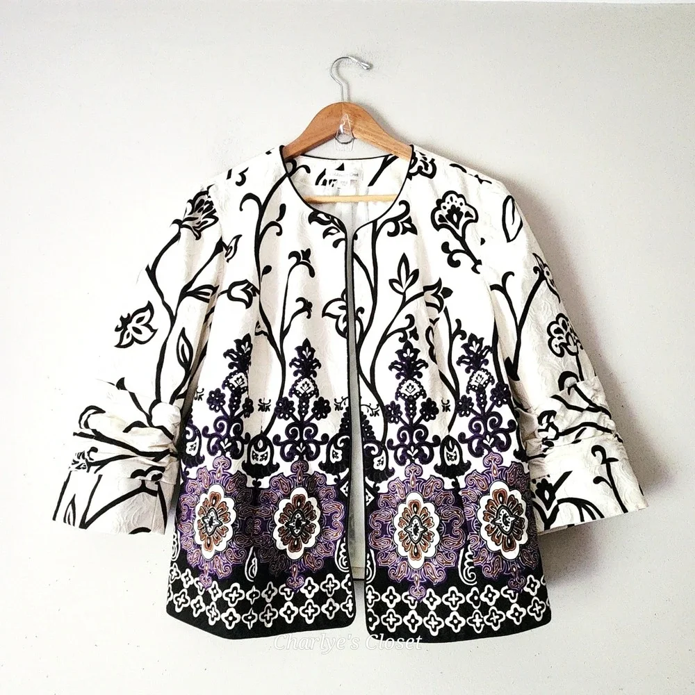 Embroidered 100% Cotton Floral Open Front Blazer 14 Artsy Ruched Sleeve Eclectic